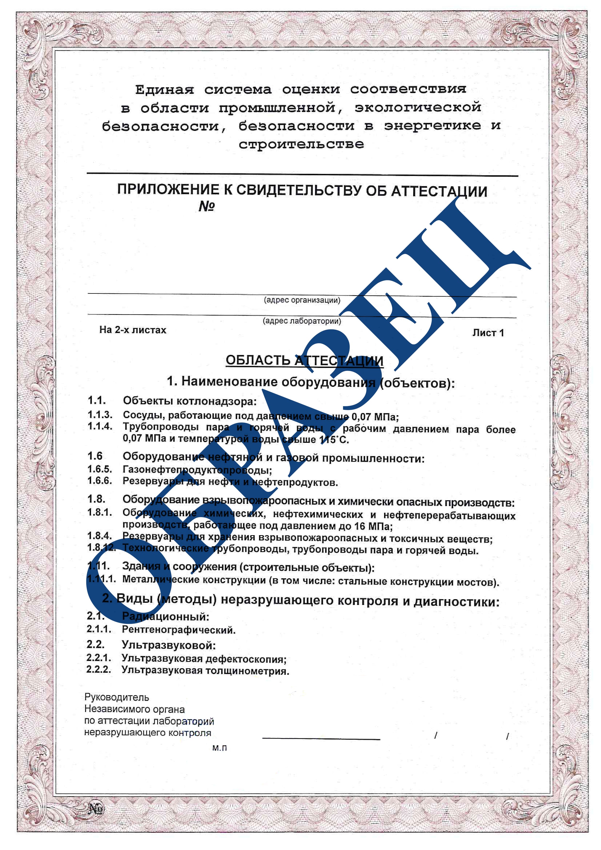 Приложение к свидетельству об аттестации лаборатории